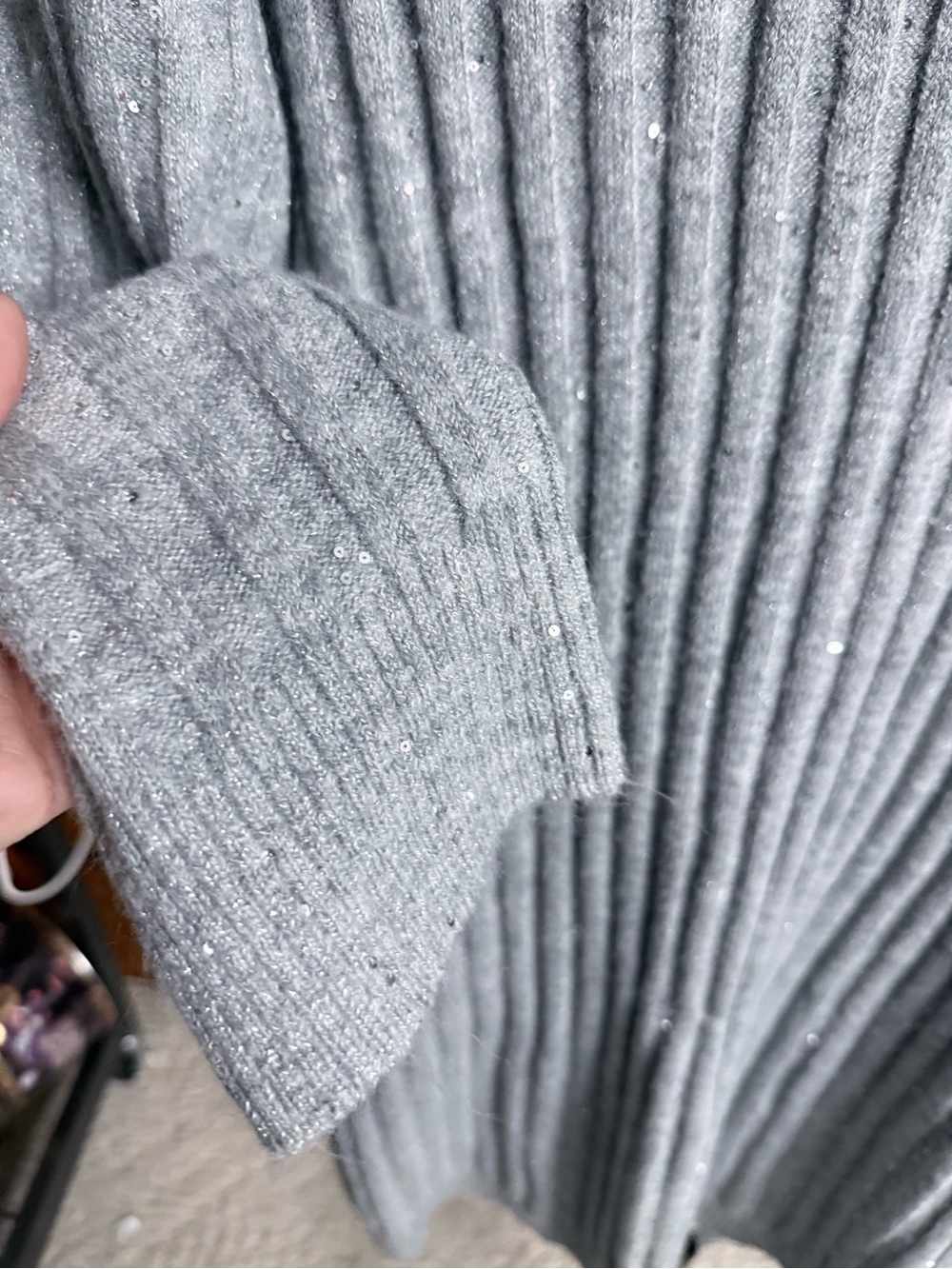 Ribbed Mock Neck Sweater Dress in Light Gray sequins cozy winter icy sparkle - Picture 5 of 12